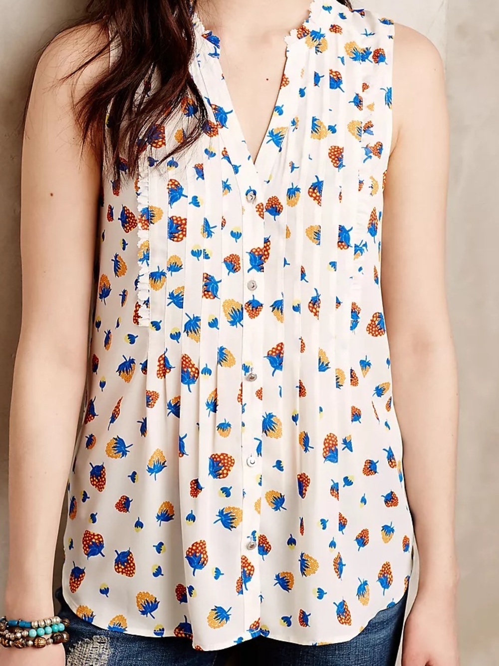 Anthropologie Maeve Fragola Ruffle Tank Strawberries Print Fruit Spring Summer